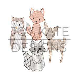 May include: Embroidered design featuring four woodland animals: an owl, a fox, a deer, and a raccoon. The animals are all in a sitting or standing position and are outlined in black. The background is white.