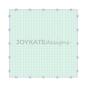 May include: A light green gingham fabric with a white grid pattern. The fabric is surrounded by a dark purple stitched border with a series of 'x' marks.