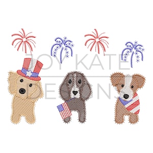 May include: Three cartoon dogs wearing patriotic attire with red, white, and blue fireworks in the background. One dog is wearing a red, white, and blue top hat, another is holding an American flag, and the third is wearing a red, white, and blue bandana.