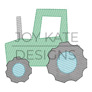 May include: Green tractor with black wheels and blue centers. The tractor has a single exhaust pipe.