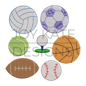 May include: A set of seven embroidered sports balls, including a volleyball, soccer ball, golf ball, basketball, football, baseball, and tennis ball.