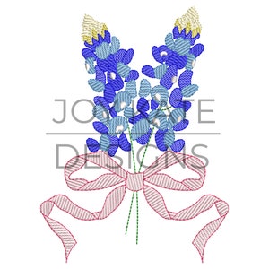 May include: A bunch of bluebonnet flowers tied together with a pink ribbon. The flowers are a popular symbol of Texas.