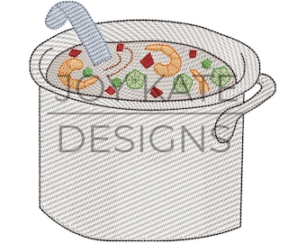 May include: A white pot with a black handle filled with a red, orange, and green soup. A blue ladle is in the pot.