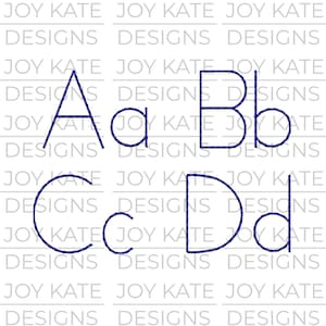 May include: A graphic featuring the uppercase and lowercase letters A, B, C, and D in a navy blue stitched font. The letters are set against a white background with the text "JOY KATE DESIGNS" repeated.
