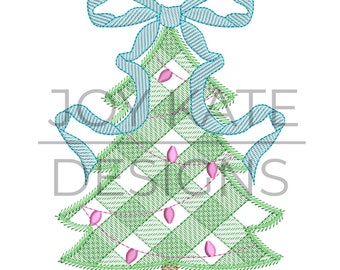 Gingham Christmas Tree with Bow Sketch Embroidery Design