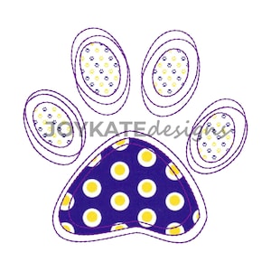 Könnte beinhalten: Lilafarbener und gelber Pfotenabdruck mit einem Tupfenmuster in der Mitte. Der Pfotenabdruck ist lila umrandet.