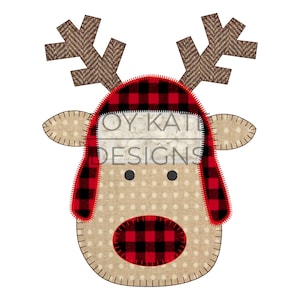 May include: A brown reindeer face with a red and black plaid hat and nose. The reindeer has white polka dots on its face and brown antlers.