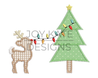 Reindeer Decorating Christmas Tree Applique Design