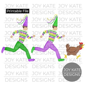 May include: Two cartoon figures wearing purple and green striped shirts and hats run in opposite directions. One figure wears green pants and the other wears purple pants. A brown chicken runs behind the figure in purple pants.