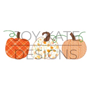 May include: Three embroidered pumpkins in a row. The pumpkin on the left has a red and orange plaid pattern. The middle pumpkin has a white background with yellow and orange floral designs. The pumpkin on the right has a brown and orange chevron pattern.