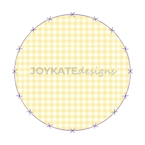 May include: A yellow and white gingham circle with a purple stitched border and a purple star at each point of the border. The text "JOYKATEdESIGNS" is in the center of the circle.