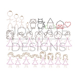 May include: A black and white line drawing of a family with a dog, cat, house, and barn. The family includes two parents, two children, and a baby. The drawing is in a simple, stick figure style.