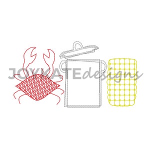 May include: A red crab, a gray pot with a lid, and a yellow ear of corn. This is an embroidery design.