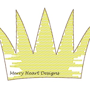 May include: A yellow crown with a brown outline. The crown has a textured pattern and the words "Merry Heart Designs" are printed below it.