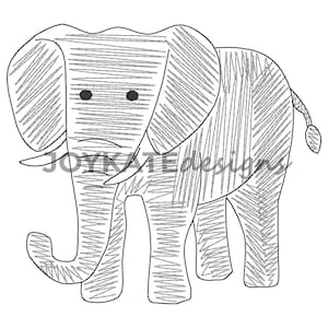May include: A black and white line drawing of an elephant. The elephant is standing with its legs spread apart and its trunk raised. The drawing is done in a simple, stylized manner.