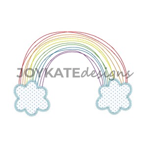 May include: A rainbow with seven colors, red, orange, yellow, green, blue, indigo, and violet, with two white clouds with blue polka dots on either side.