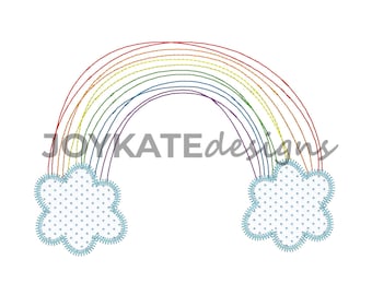 Rainbow Vintage Applique Embroidery Design, Quick Bean Stitch Rainbow with Zigzag Stitch Clouds