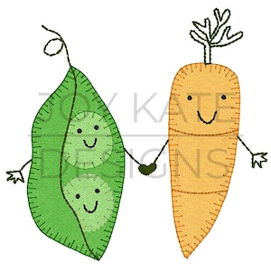 Könnte beinhalten: Eine grüne Erbsenhülse mit zwei Erbsen darin, jede mit einem lächelnden Gesicht, hält sich an einer lächelnden orangefarbenen Karotte fest. Beide Gemüse haben einfache Arme und Beine aus Stöcken.