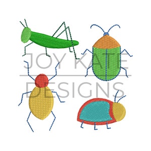 May include: Four colorful embroidered insect designs: a green grasshopper, a green and orange beetle, a yellow and red beetle, and a blue and red ladybug.