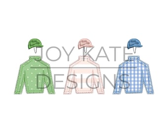 May include: Three jockey silks with matching caps. The silks are green with white polka dots, pink with white stripes, and blue with white gingham. The caps are green, pink, and blue.