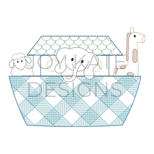 May include: A blue and white checkered ark with a green roof and a white elephant, a white sheep, and a brown giraffe inside.