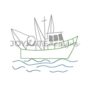 Shrimp Boat Vintage Embroidery Design. Vintage Bean Stitch Shrimp Boat Design for Machine Embroidery.