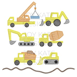 May include: A set of five yellow construction vehicles, including a crane, excavator, cement mixer, dump truck, and bulldozer. The vehicles are all outlined in black and have gray wheels. The background is white with a brown wavy line at the bottom.