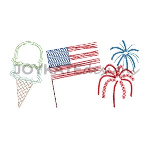 Vierten Juli Vintage Stich Trio Stickerei Design. Bohnenstich 4. Juli drei in einer Reihe Design. Eiszapfen, amerikanische Flagge, Feuerwerk