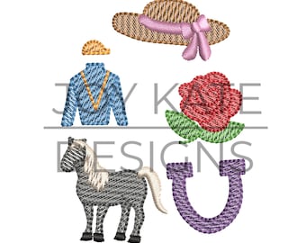 May include: An embroidered design featuring a horse, horseshoe, rose, jockey's silks, hat, and cap. The horse is gray and white, the rose is red, and the horseshoe is purple. The text "JY KEE DESIGNS" is also present.