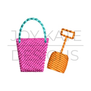 May include: A pink plastic bucket with a turquoise handle and a matching orange plastic shovel. The bucket and shovel are both textured.