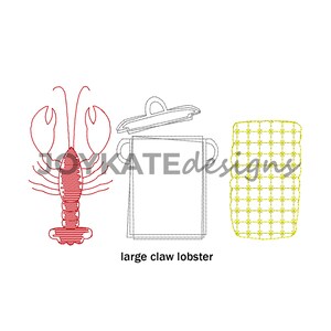 May include: A red lobster with large claws, a gray pot with a lid, and a yellow and white checkered basket. The text "large claw lobster" is below the image.