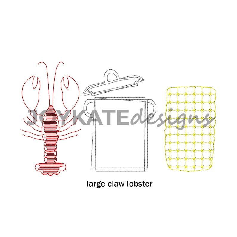 May include: A red lobster with large claws, a gray pot with a lid, and a yellow and white checkered basket. The text "large claw lobster" is below the image.