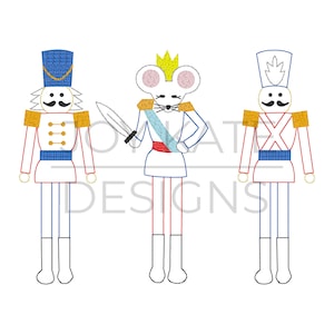 May include: Three toy soldier figures, one is a mouse wearing a crown and holding a sword, the other two are traditional toy soldiers with blue and red uniforms.