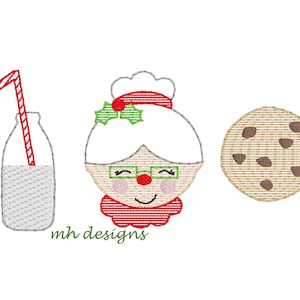 Puede incluir: Una ilustración de dibujos animados de una mujer con un sombrero rojo y hojas de acebo verdes, que lleva gafas y una bufanda roja, con un vaso de leche y una galleta de chocolate.