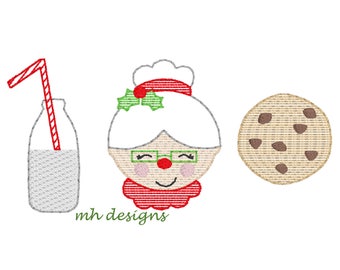 Mrs. Claus Cookies and Milk vintage embroidery design, Vintage stitch Mrs. Claus, Christmas embroidery file, Santa embroidery design