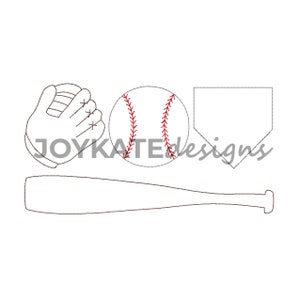 Baseball Theme Vintage Stitch Embroidery Design, Vintage Bean Stitch Baseball Design for Machine Embroidery. Glove, baseball, home base, bat