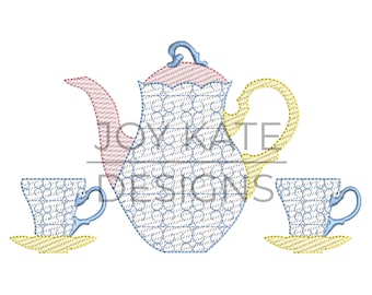Vintage Teapot and Tea Cup Sketch Embroidery Design