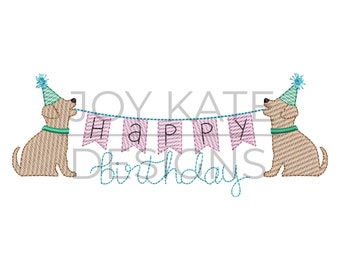 Dogs with Happy Birthday Banner Sketch Embroidery Design