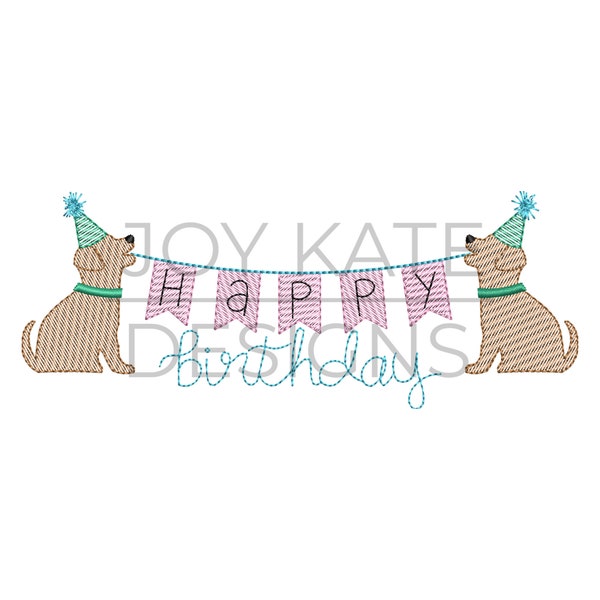 Dogs with Happy Birthday Banner Sketch Embroidery Design