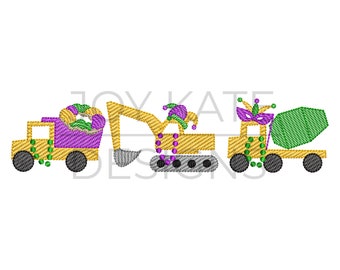 May include: Three toy construction vehicles decorated for Mardi Gras. A yellow dump truck with purple bed and green and gold beads, a yellow excavator with a purple jester hat and green and gold beads, and a yellow cement mixer with a purple mask and green and gold beads.