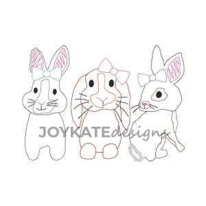 Girl Bunny Trio Vintage Embroidery Design, Quick Bean Stitch Easter Rabbits with Bows