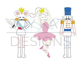 Nutcracker character trio vintage embroidery design, Vintage stitch sugar plum fairy, Christmas embroidery file, Mouse king embroidery