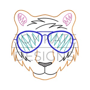 Tiger with Sunglasses Vintage Stitch Embroidery Design