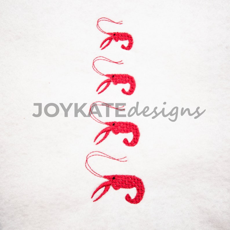 May include: Five red embroidered shrimp designs in a vertical row on a white background.