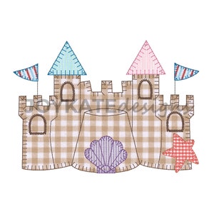 May include: A brown and tan gingham sandcastle with blue and pink gingham roofs, a purple seashell, and a red and white gingham starfish.