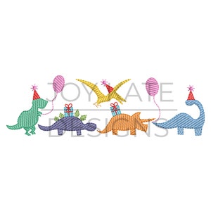 May include: Embroidered design featuring a line of colorful dinosaurs wearing party hats. A green T-Rex holds a pink balloon. Other dinosaurs include a purple Stegosaurus, an orange Triceratops, a yellow Pterodactyl, and a blue Brachiosaurus.