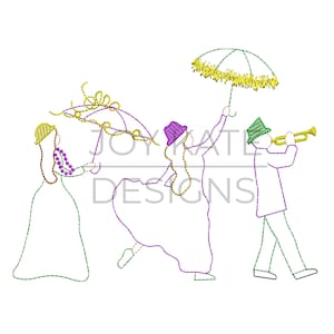 May include: An embroidery design featuring three figures in a parade. A woman in a purple dress and hat holds a yellow umbrella with green trim. Another woman in a purple dress and hat dances. A man in a green hat plays a trumpet. The design is outlined in green and purple.
