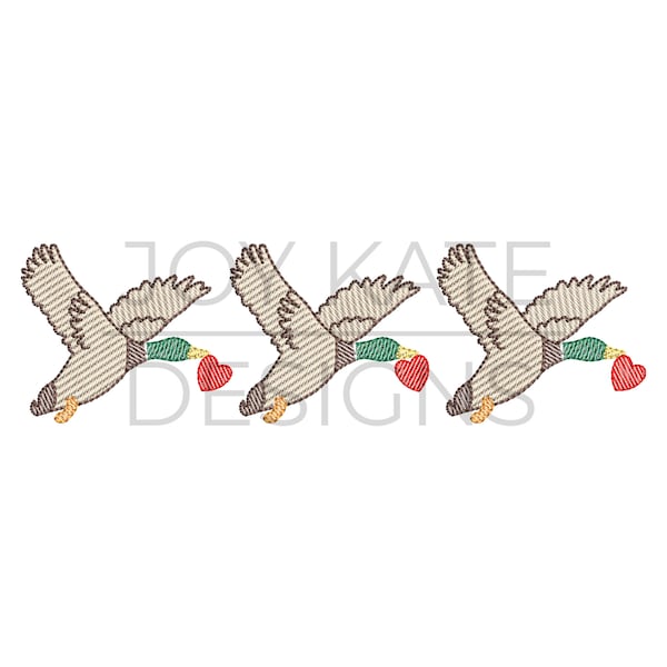 Mallard Duck Trio with Hearts Sketch Embroidery Design