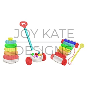 May include: Three colorful toy sets for babies and toddlers. A red and yellow stacking ring toy, a red toy wagon with blue handle and colorful balls, and a red and yellow xylophone with a yellow mallet.