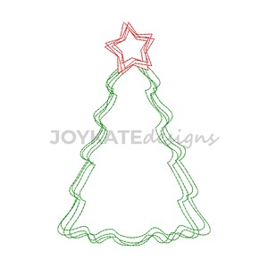 May include: A green outline of a Christmas tree with a red star on top. The tree is made of multiple lines, creating a layered effect.